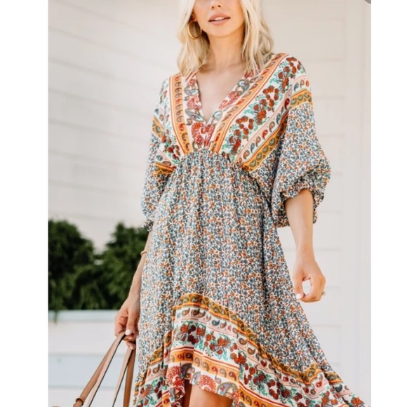 💼S Last One 🏜Sunset Boho Tile Flower Dress New - Picture 9 of 12